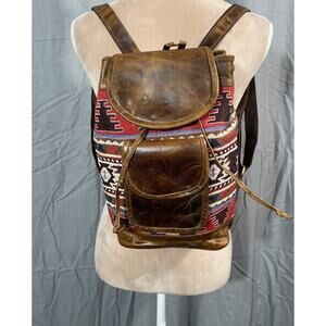 NEW S 13x9x4" Genuine Leather‎ Aztec Fabric Backpack Bag Pocketbook Western